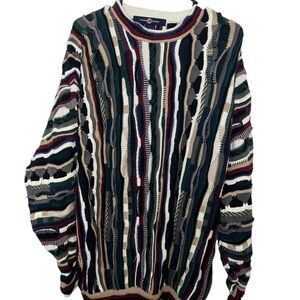 Cotton Traders Blue and Green Crewneck Sweater with Textured Stripes